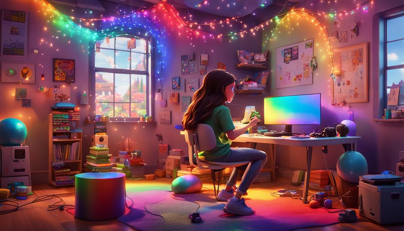 Girl Gaming on PS5 in Messy Room: 3D Digital Art