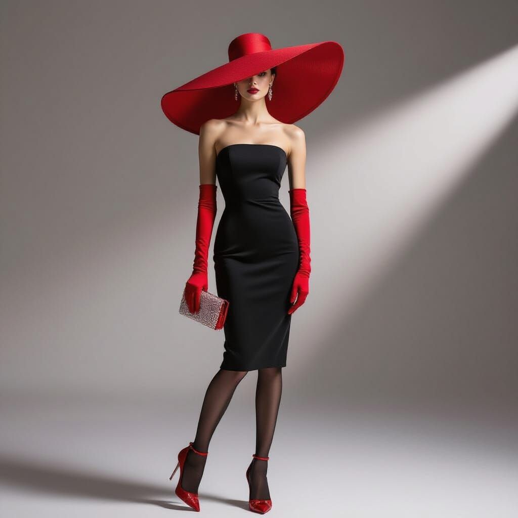 Elegant Woman in Black Dress and Red Hat, Fashion Photograph...