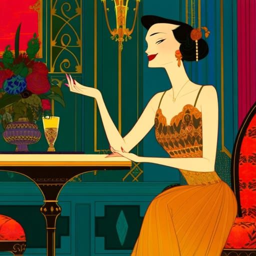 Elegant Woman in Lavish Setting, Art Nouveau Style