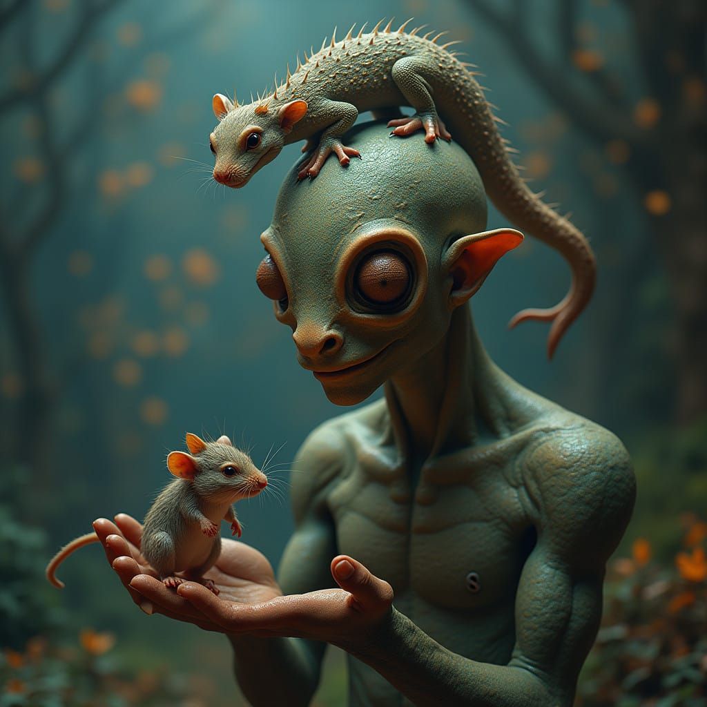 Serene Surrealist Plays with Tiny Mouse