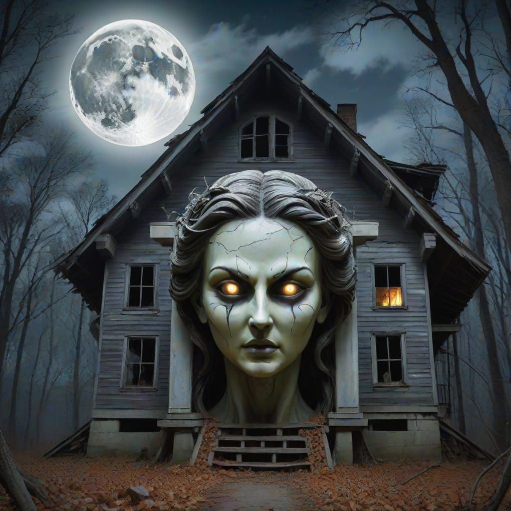Goddess of Doom Over Haunted House Under Full Moon