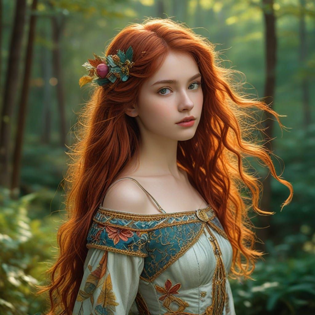 Romantic Red Empress in Whimsical Forest