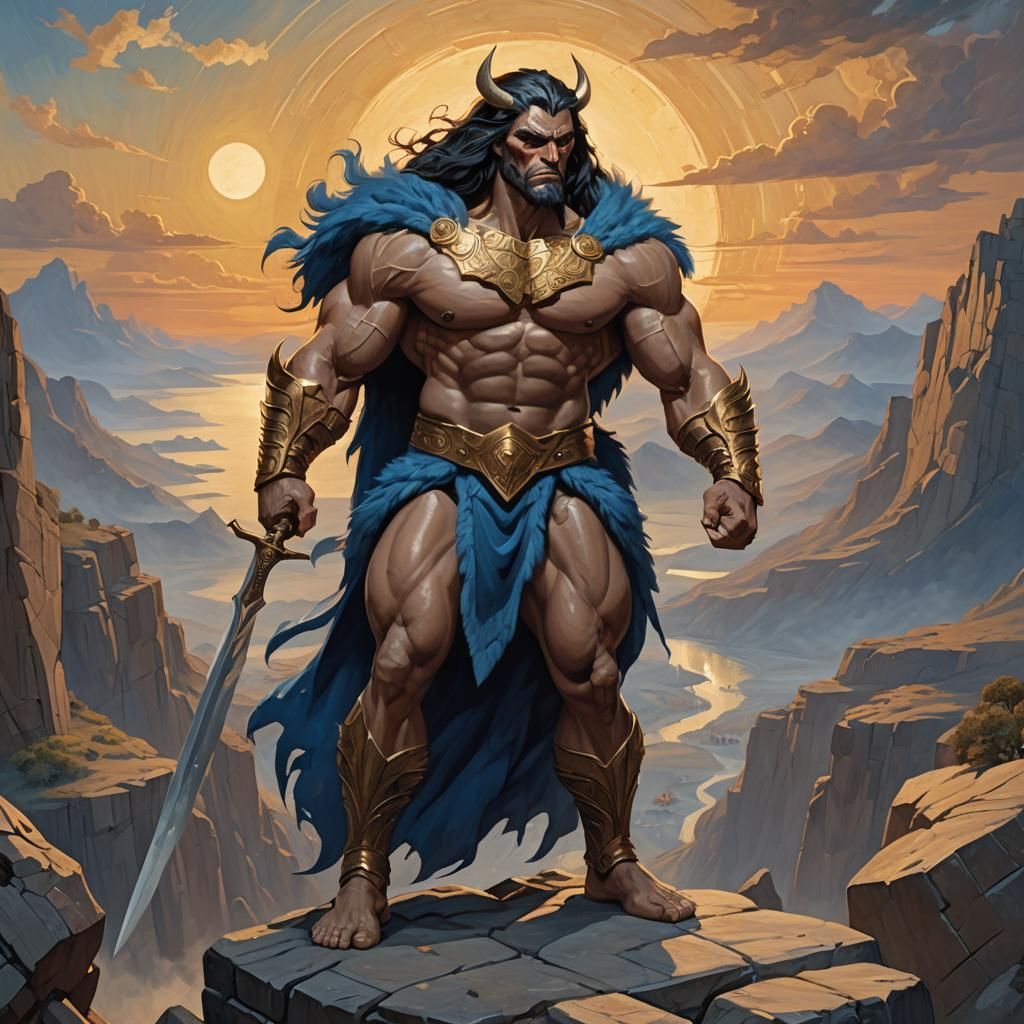 Cubist Warrior God with Scimitar at Sunrise