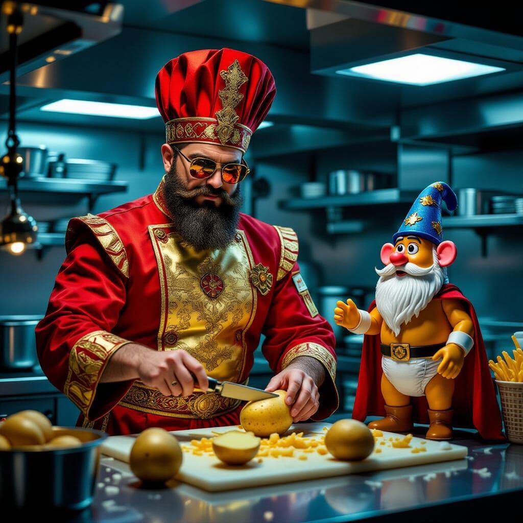 Burger King Chef Herod in Futuristic Kitchen, Dramatic Light...