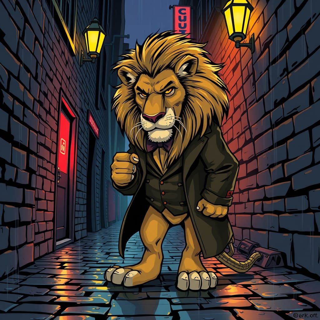 Lion Detective in Rainy Alley, Franco-Belgian Comic Style