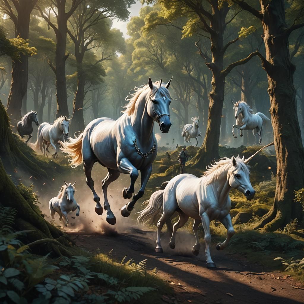 Unicorn Family Running into Forest: Fantasy Art