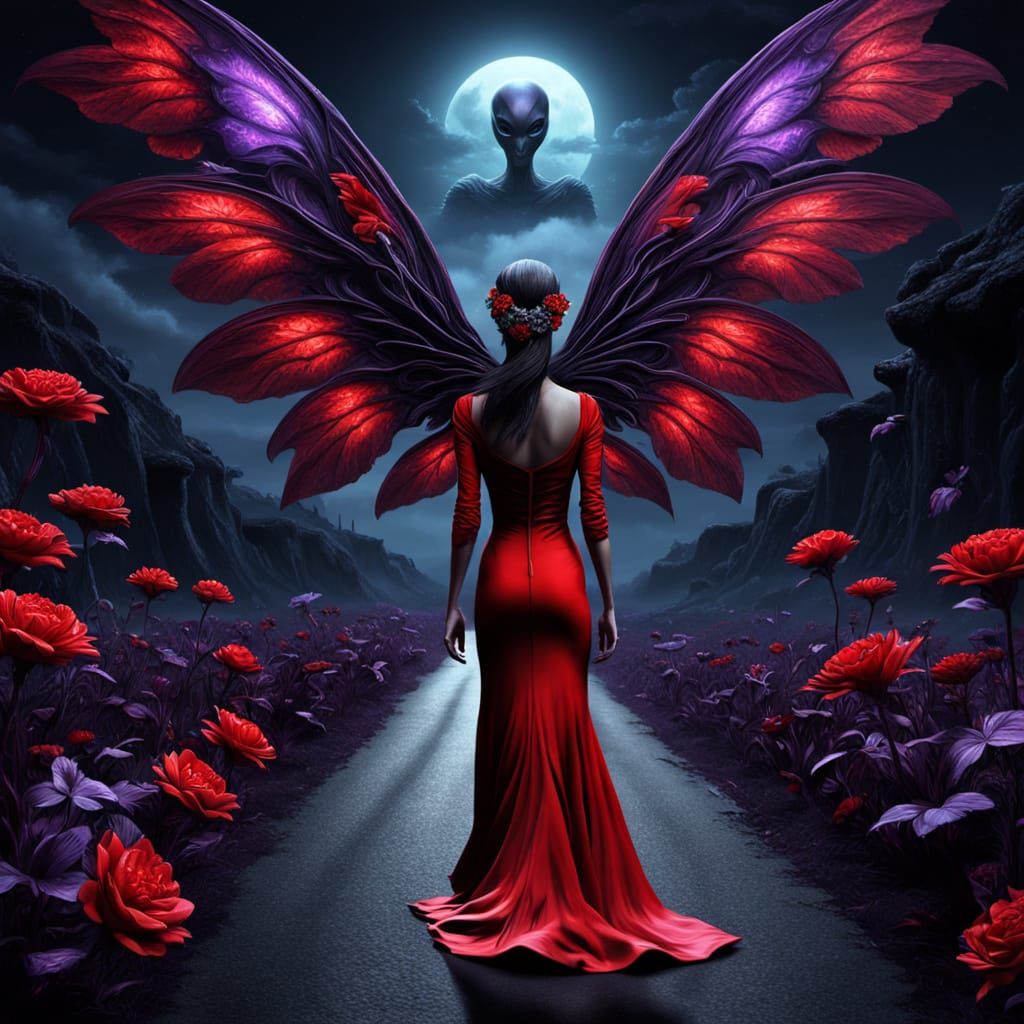 Surreal Alien Woman with Wings and Flowers