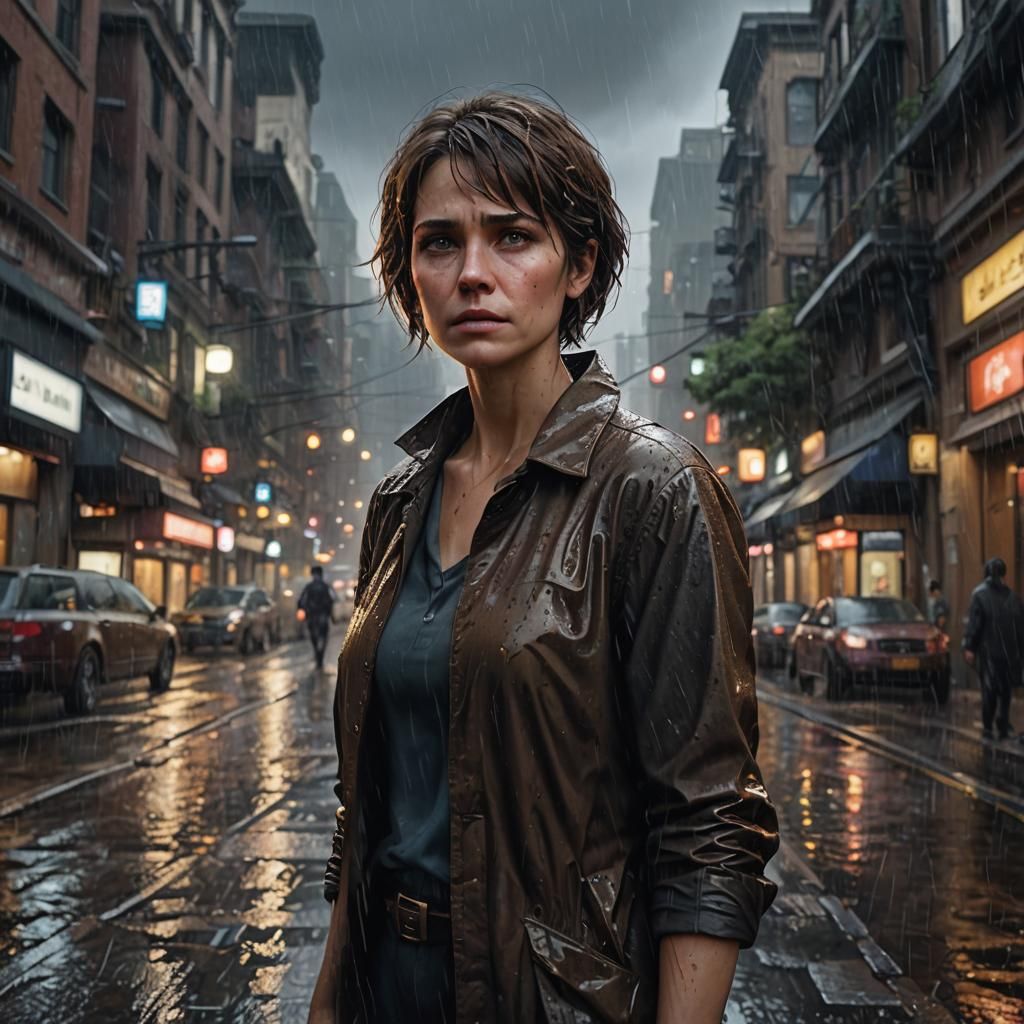 Sad Woman in Rainy Cityscape: Digital Art