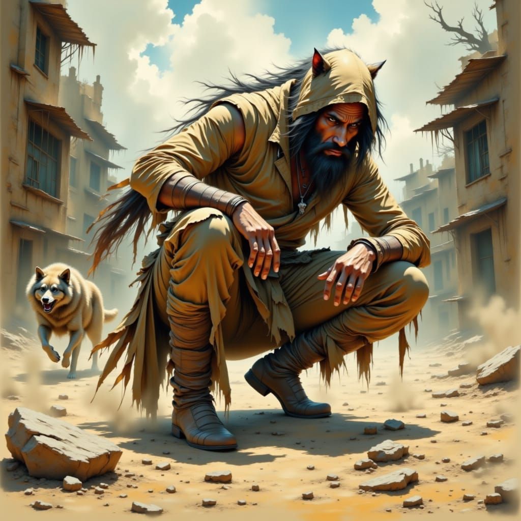 Dystopian Ninja with Wolf in Post-Apocalyptic City