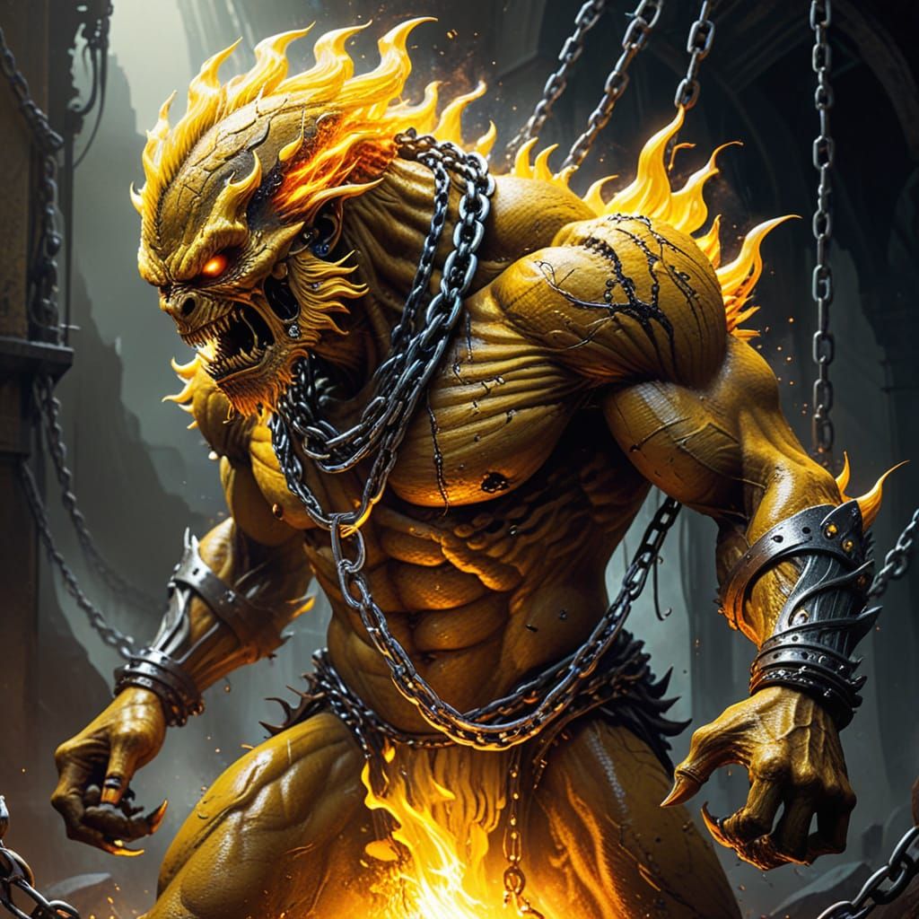 Fiery Yellow Beast Trapped in Silver Chains