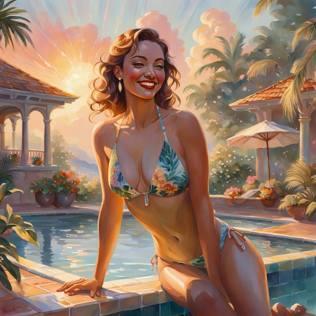 Woman in Bikini at Pool in Ethereal Gouache Style