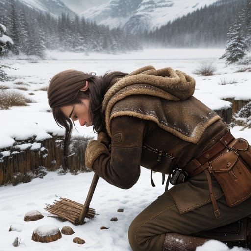Winter Wilderness: Woman Setting Trap in Snowy Mountains