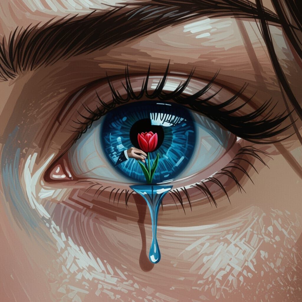 Emotional Blue Eye Painting: Tear, Tulip, and Farewell
