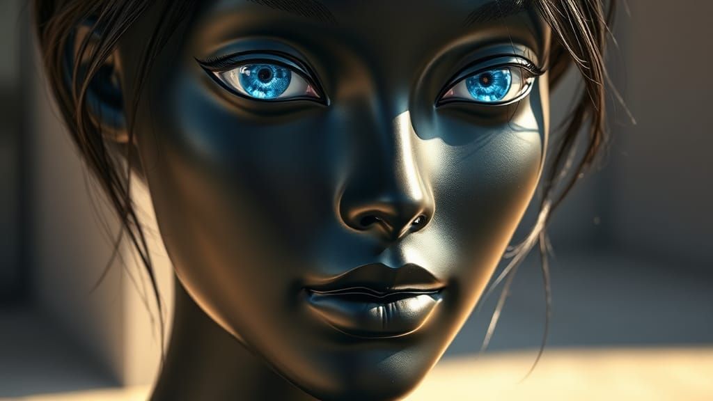 Matte Black Mannequin with Glossy Lips and Blue Eyes