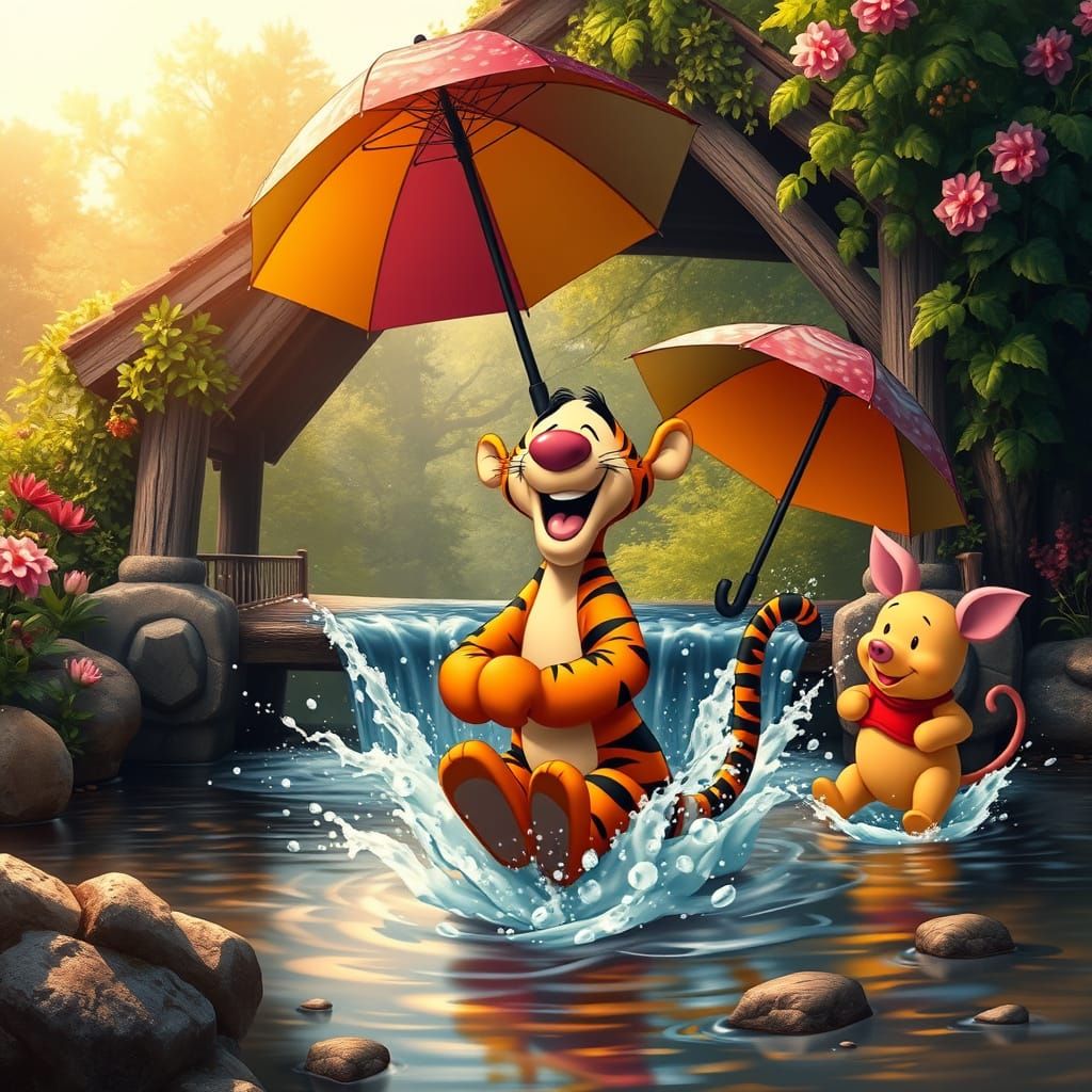 Whimsical Friends Bounce Under a Covered Bridge