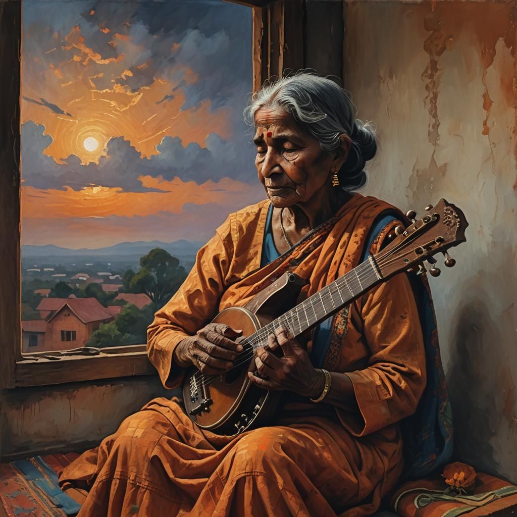 Melancholy Woman with Sitar: Neo-Impressionist Painting
