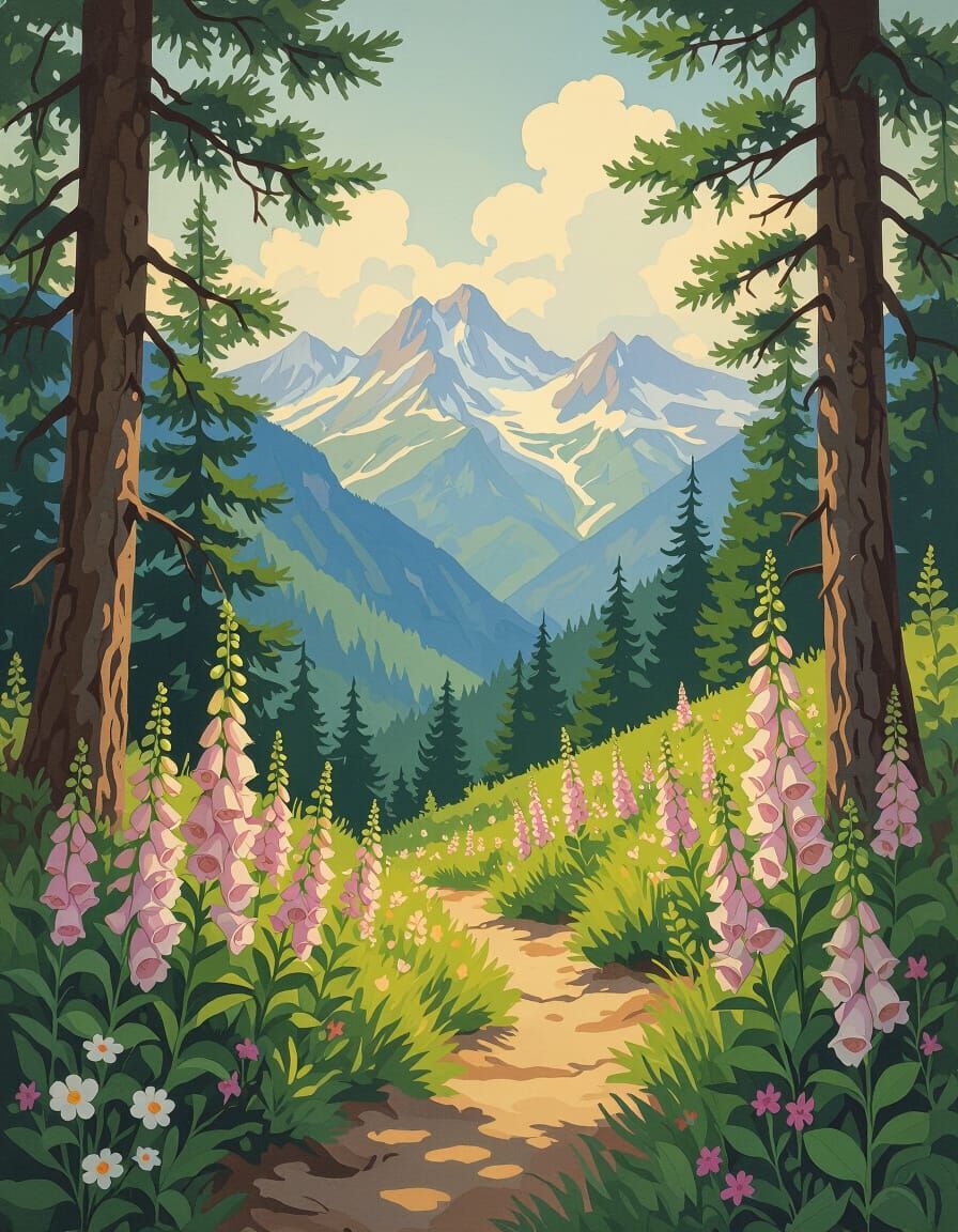 Summer Mountain Forest Path Oil Painting