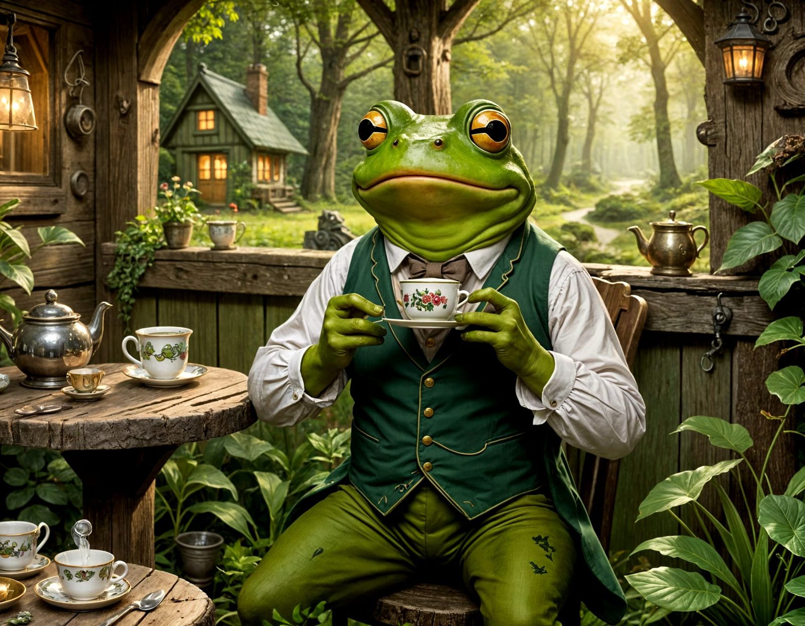 Frog in Waistcoat Drops Teacup in Forest Cottage