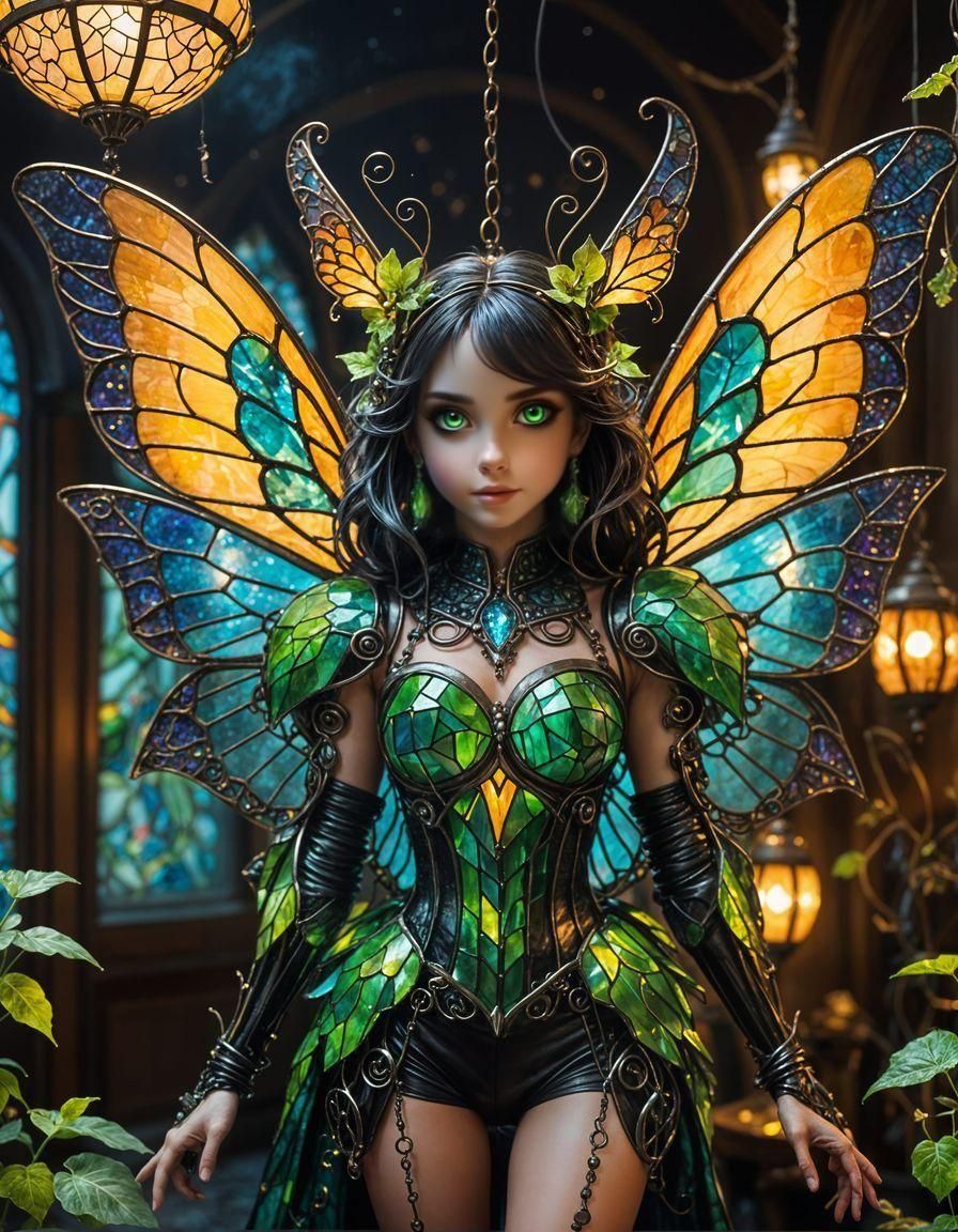 Tiffany Glass Winged Fairy in a Surreal Landscape