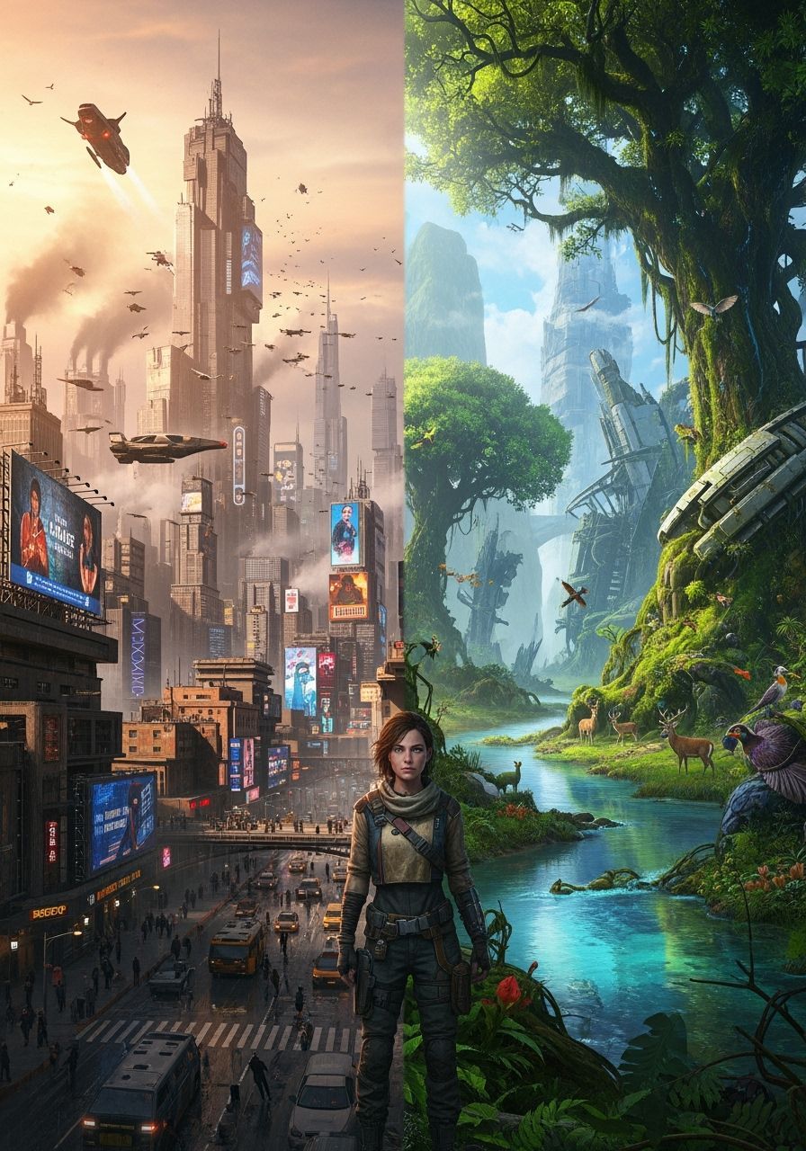 Cyberpunk City Meets Natural Landscape