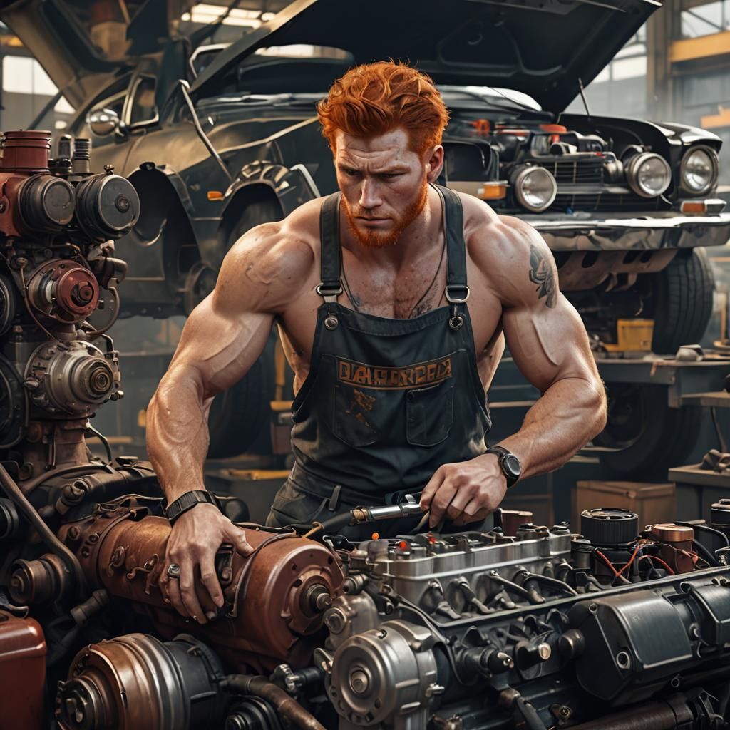 Redhead Mechanic Working on Chevy Engine: Detailed Art