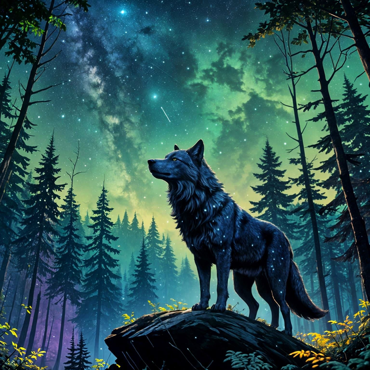 Wolf Silhouette Under Starry Sky: Matte Painting