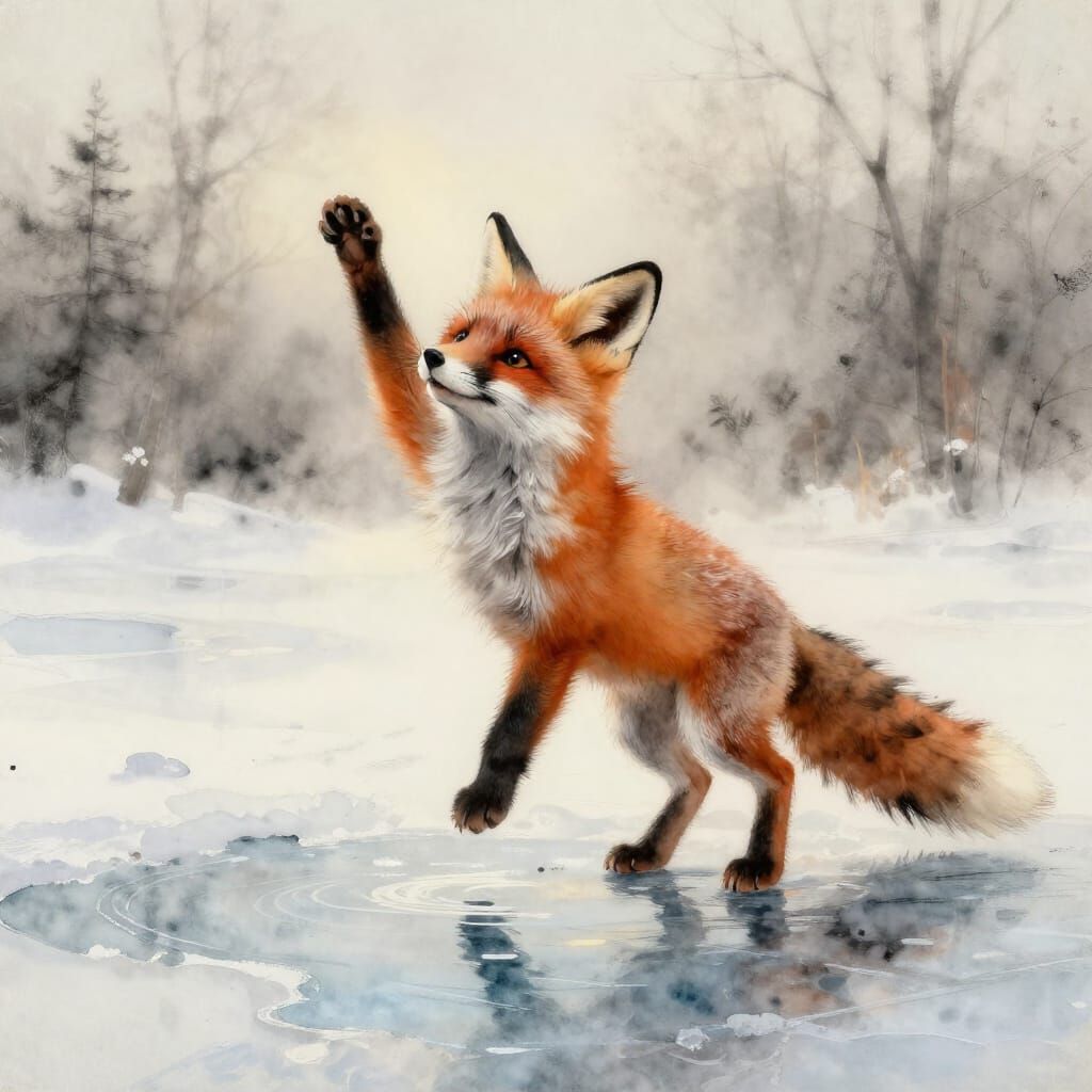 Fox Cub's Wobbly Victory on Frozen Puddle in Stylized Waterc...