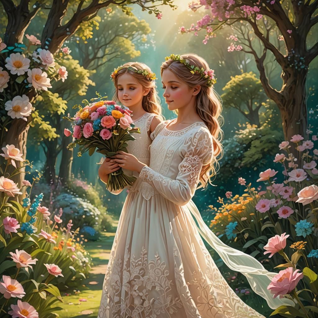 Girl Giving Flowers in Whimsical Garden Concept Art