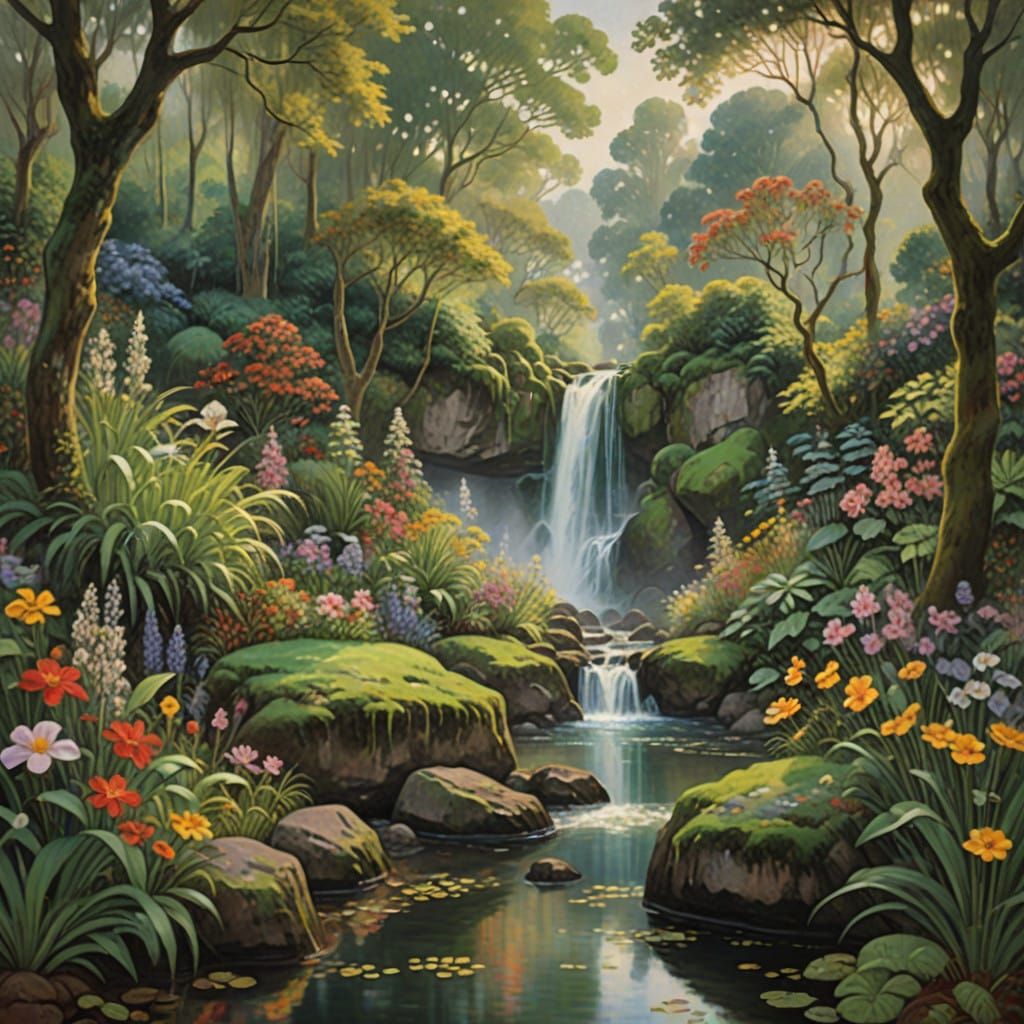 Serene Waterfall Oasis in Vibrant Tropical Paradise