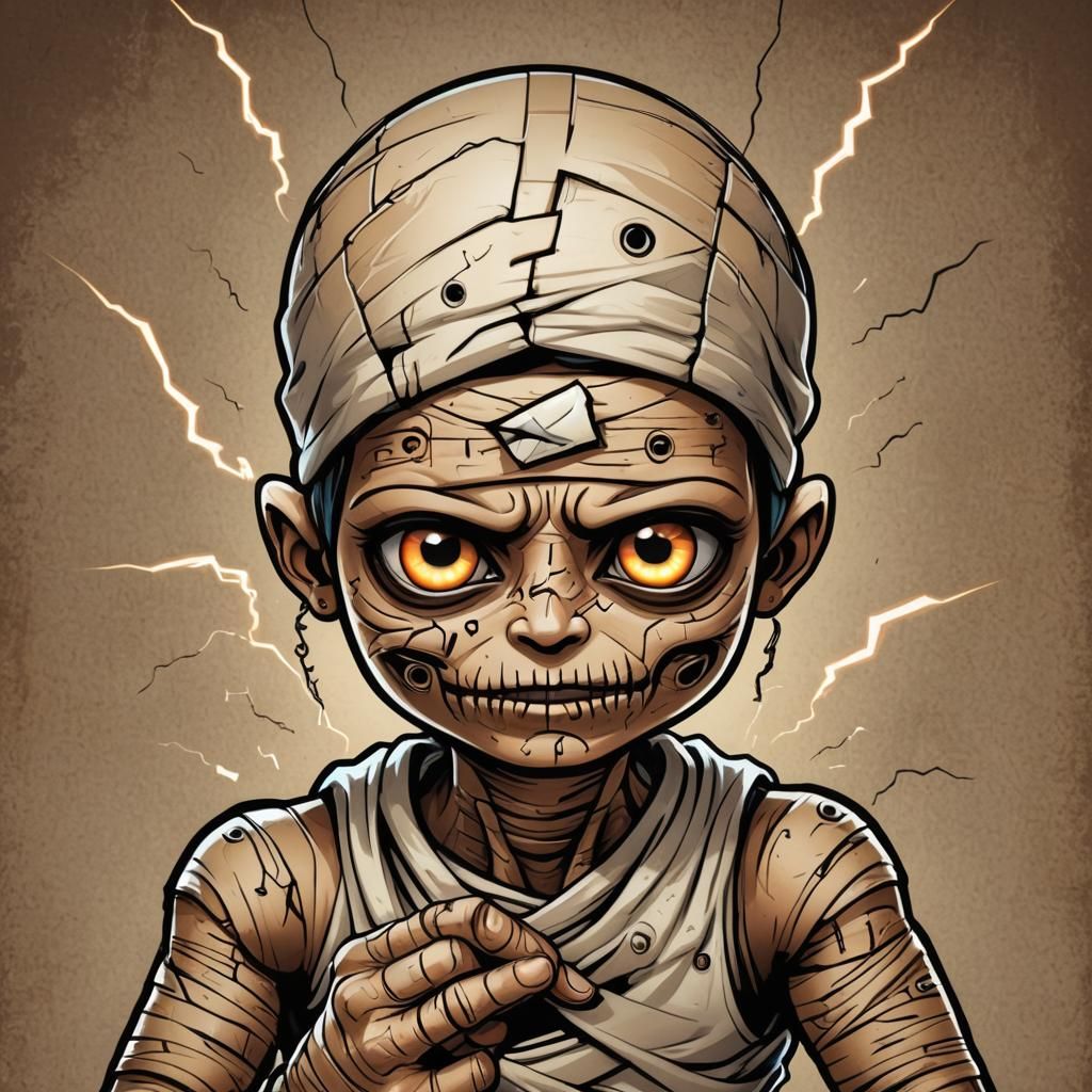 Cute Cartoon Mummy with Lightning Tattoo in Pop Art Style