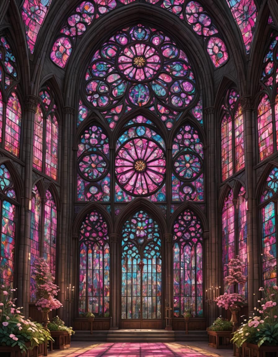 Vibrant Stained Glass Cathedral with Pink Flower