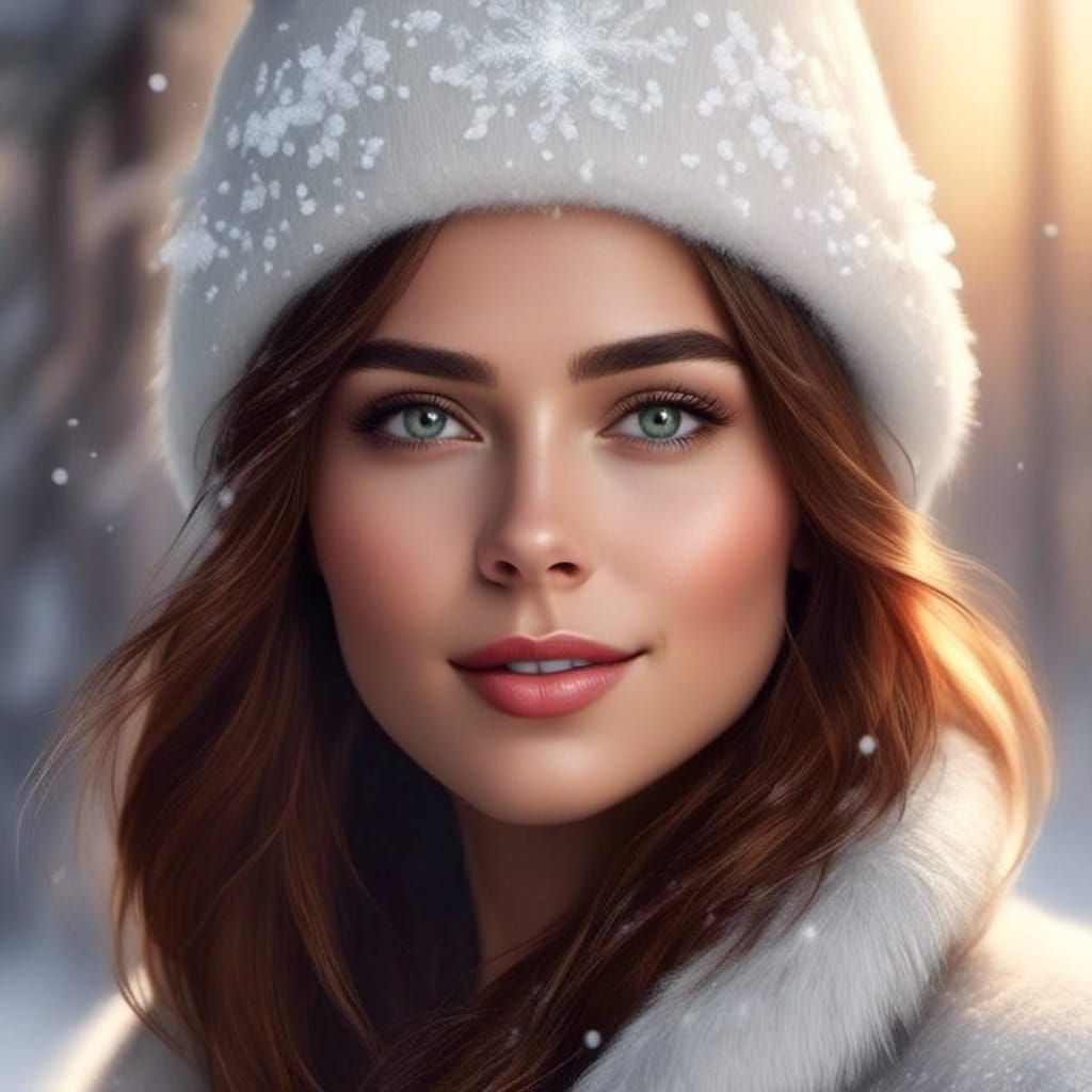 Snow Portrait of Beautiful Woman in Winter, Detailed