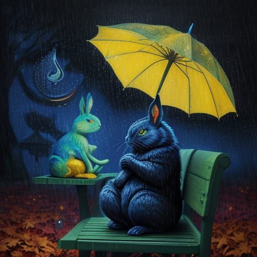 Dreamlike Autumn Nocturne with Rabbit in Rainy Night