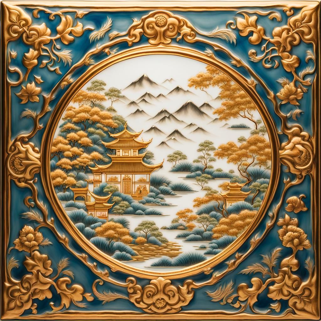Vintage Chinoiserie Ceramic Tile Design with Gold Gilding