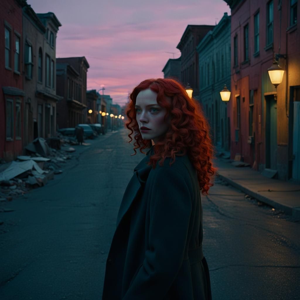 Ethereal Cinematic Portrait of a Redhead Girl in Warm, Golde...