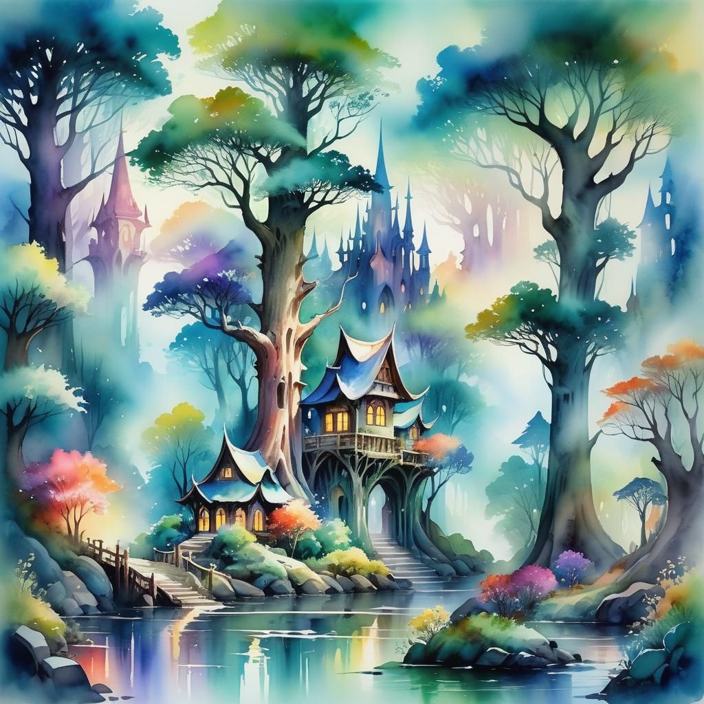 Dreamlike Elven Village Watercolor Painting