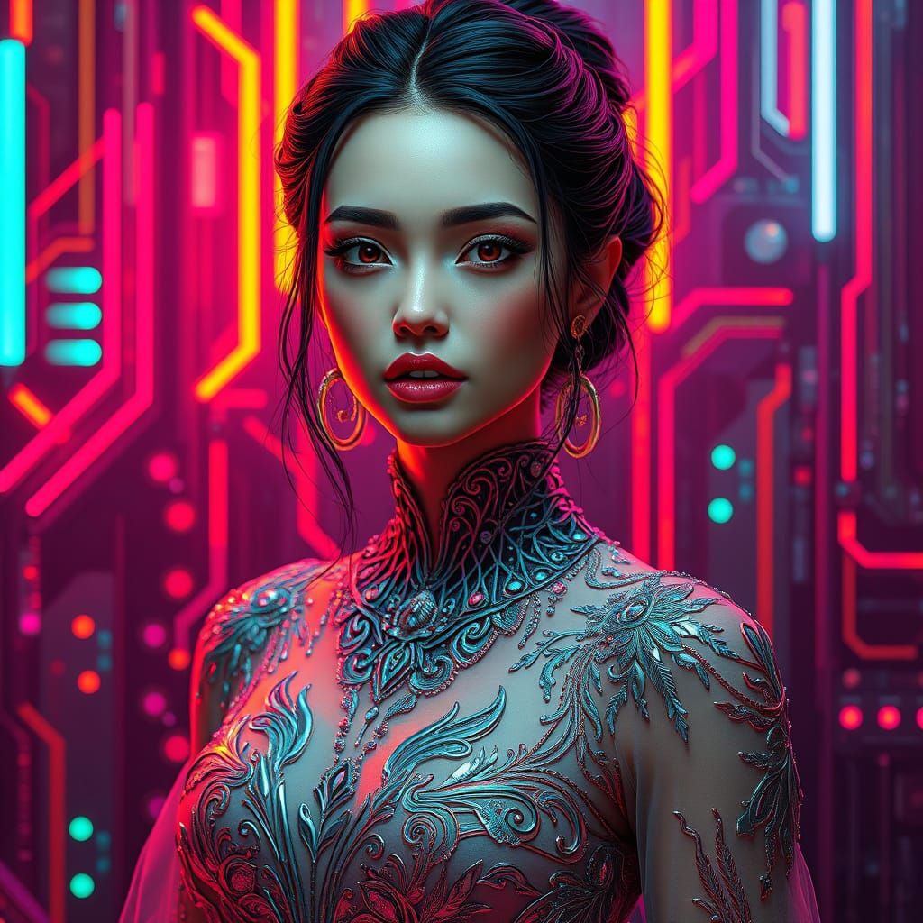 Cyberpunk Woman in Neon Circuitry Portrait