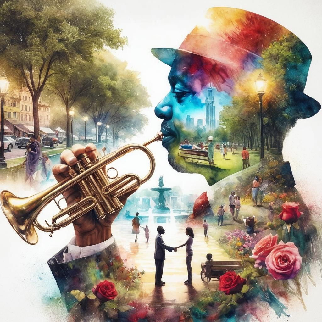 Watercolor Double Exposure: Trumpet Player in Wonderful Worl...