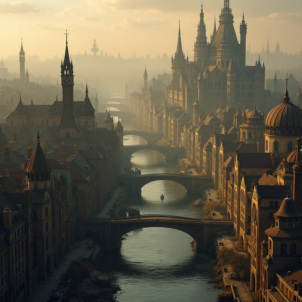 Steampunk Victorian Cityscape with Docks and Mansions