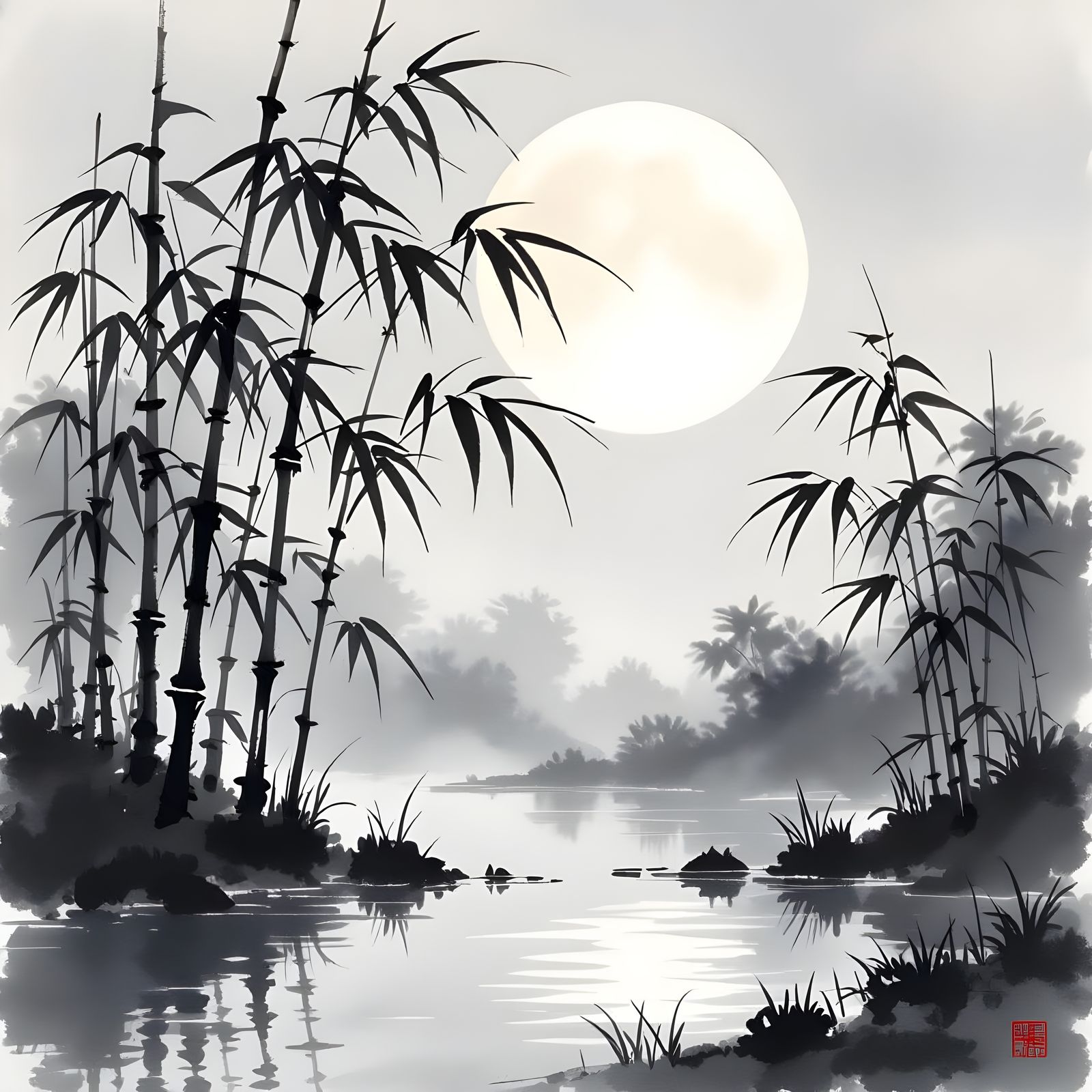 Moonlit Bamboo Grove in Japanese Sumi-e Style