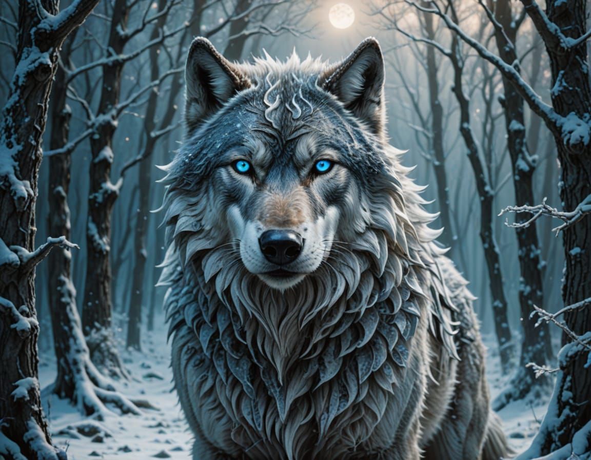 Fenrir the Mystical Wolf in Snowy Forest