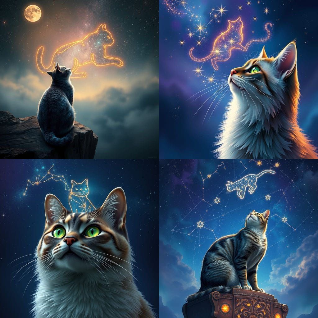 Whimsical Feline Gazing at Celestial Twin
