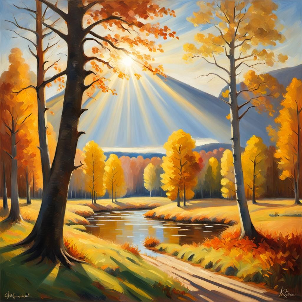 Autumn Sunlight Through Trees in Oil Painting Style