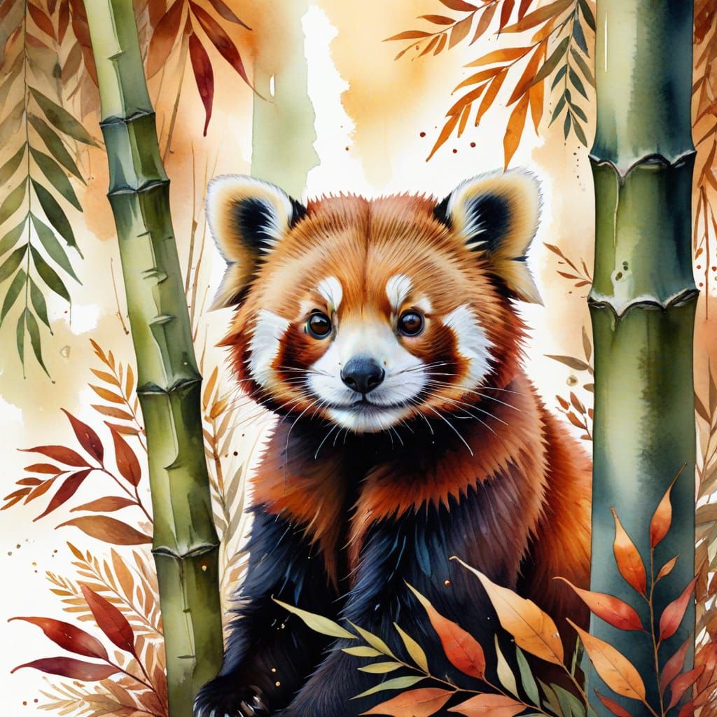 Playful Red Panda Amidst Autumn Bamboo