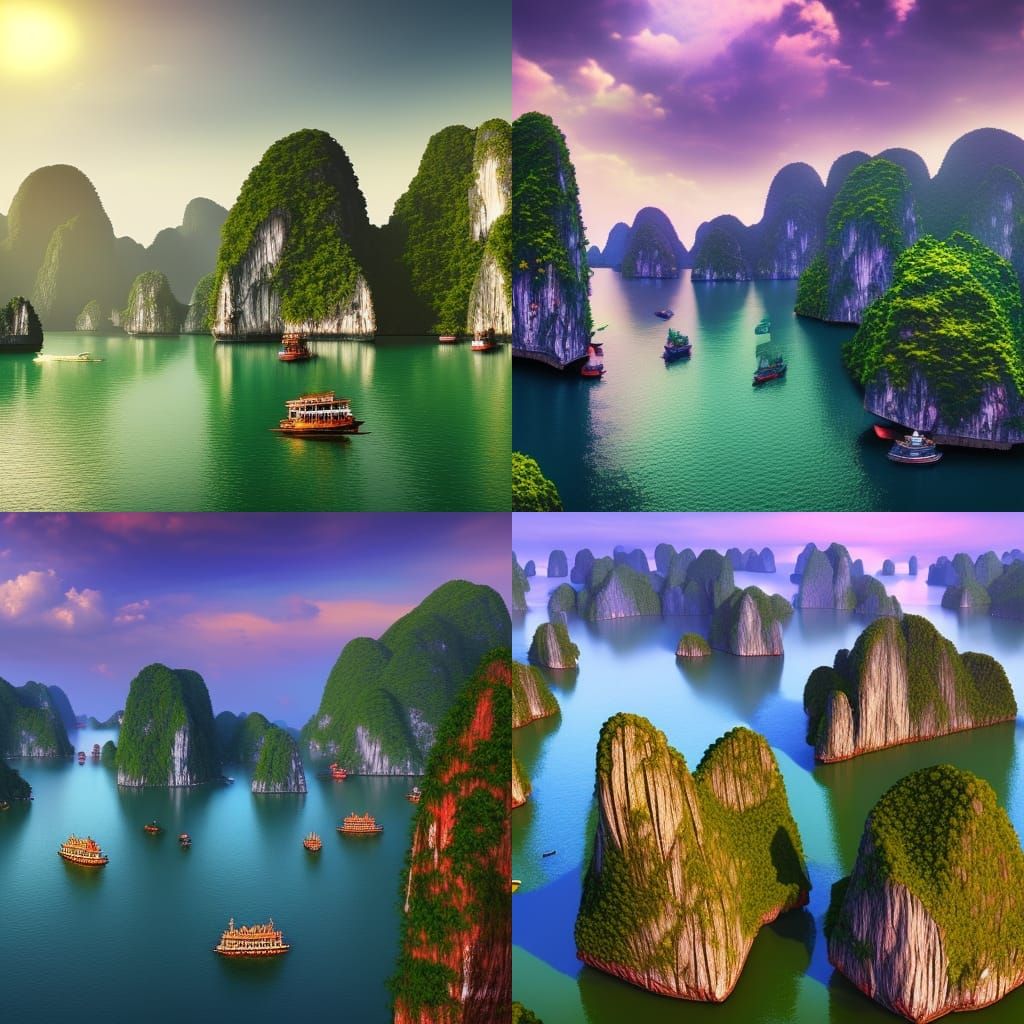 Fantastical Halong Bay: Detailed Matte Painting in Deep Colo...