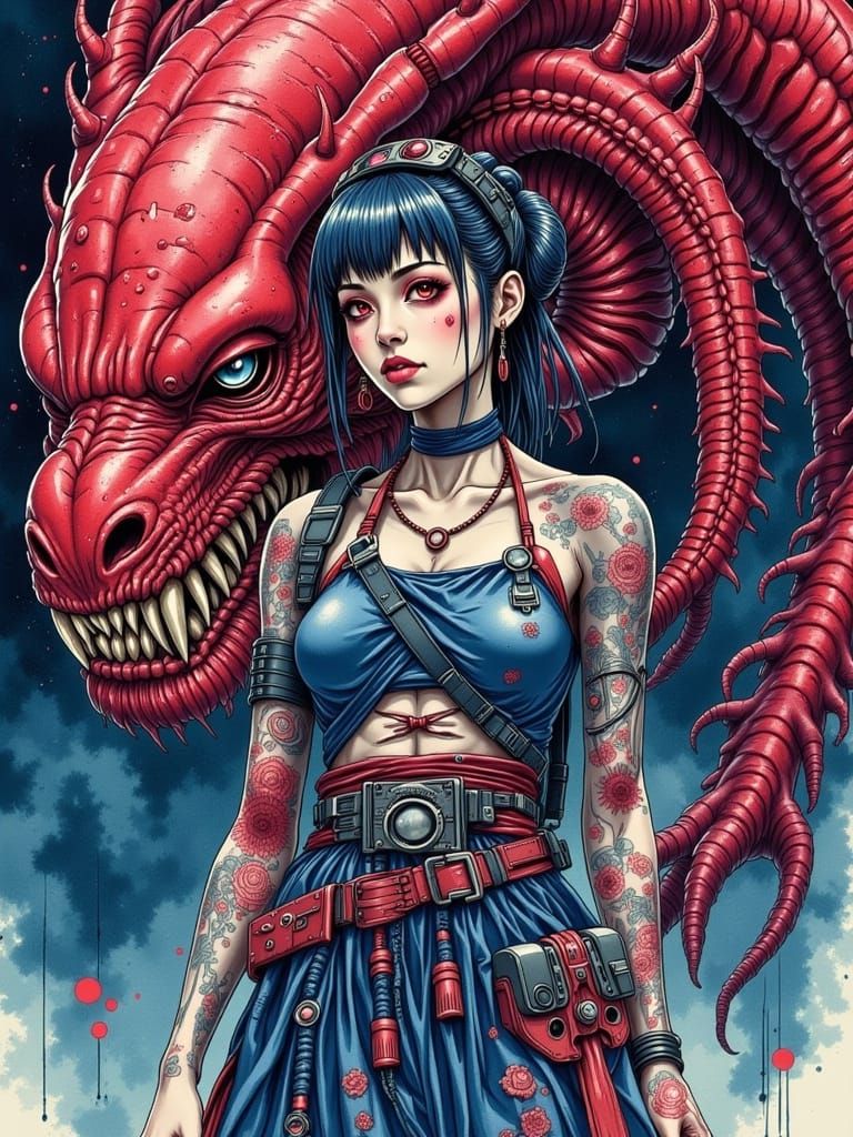 Watercolor Woman and Oni in Pinup Style