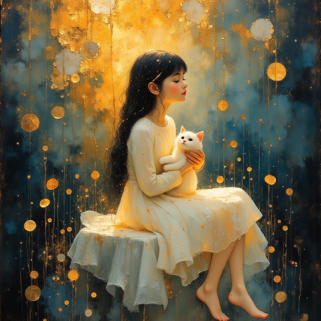 Girl Stitching Dreams in Surreal Oil Painting Landscape