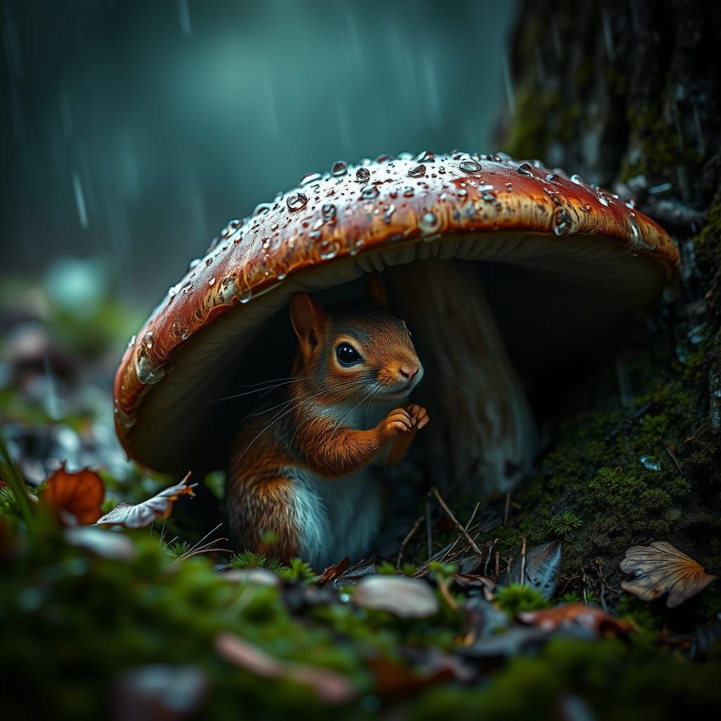 Squirrel Finds Shelter in a Mushroom's Umbrella