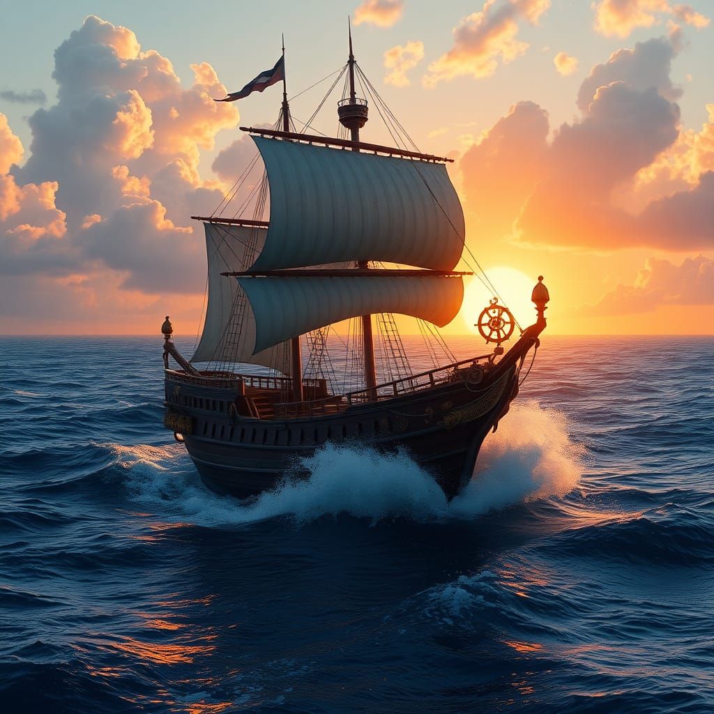Majestic Sailing Vessel Amidst Ocean Whirlpool