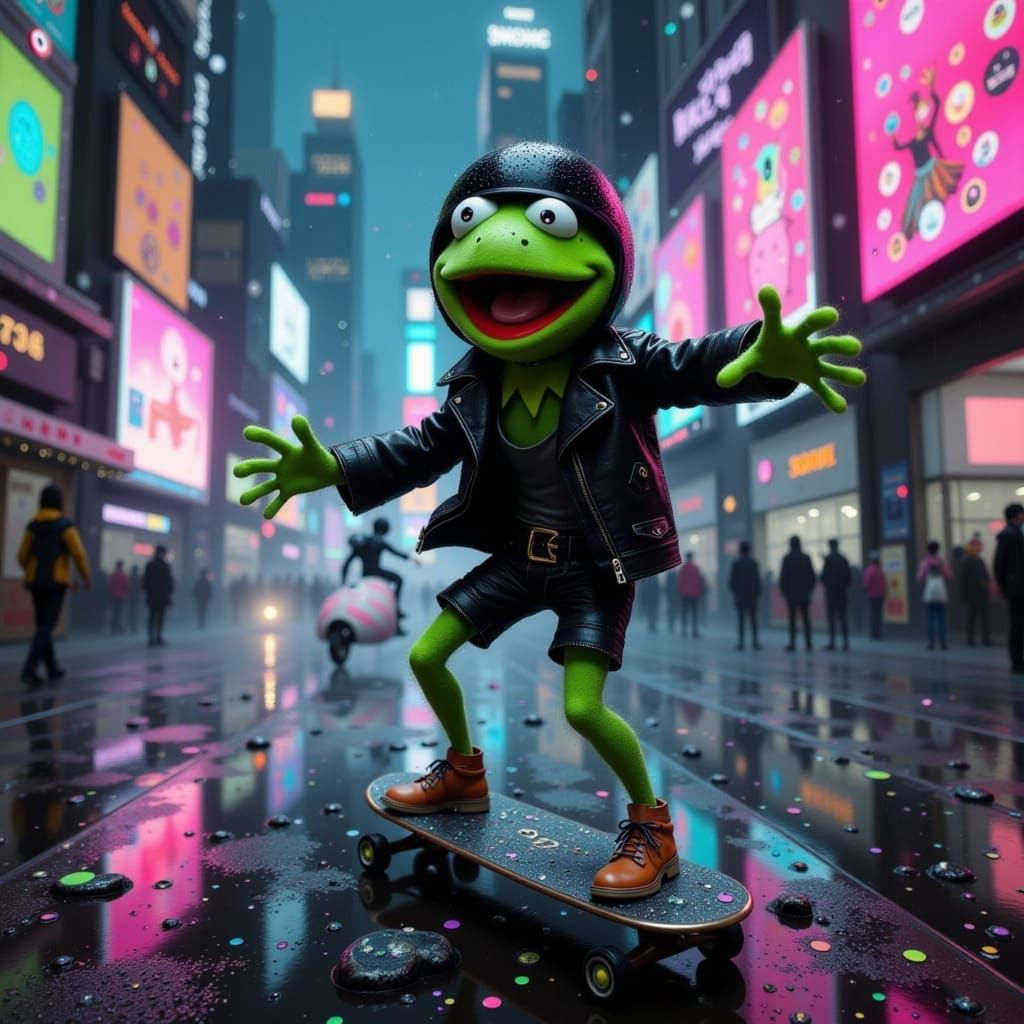 Kermit the Frog Skateboards in Cyberpunk City